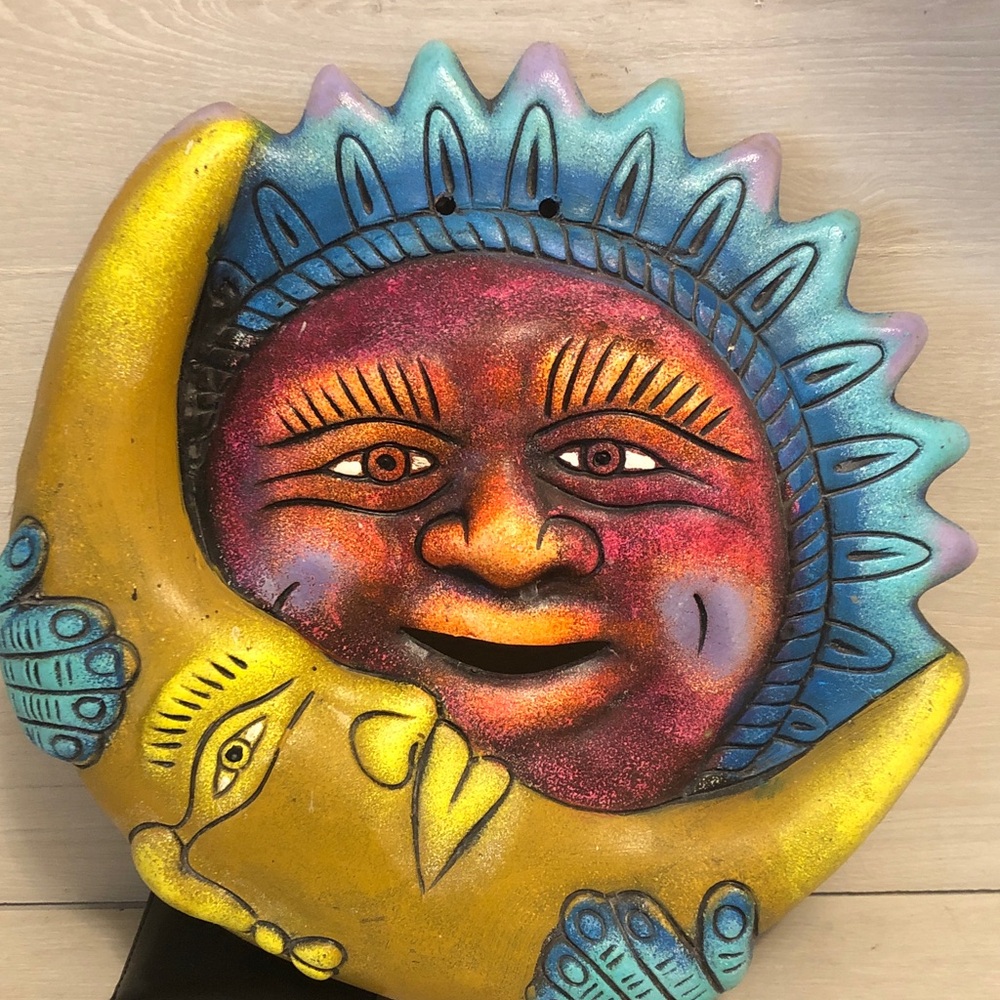 Large Hand Painted Celestial Sun & Moon Terracotta Wall Hanging Indoor / Outdoor